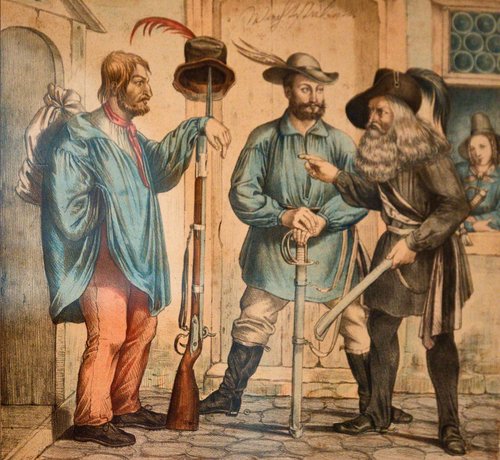 Bunte Truppe: revolutionäre Freischärler 1849, Lithografie aus der Ausstellung im Stadtmuseum. Bunte Truppe: revolutionäre Freischärler 1849, Lithografie aus der Ausstellung im Stadtmuseum.