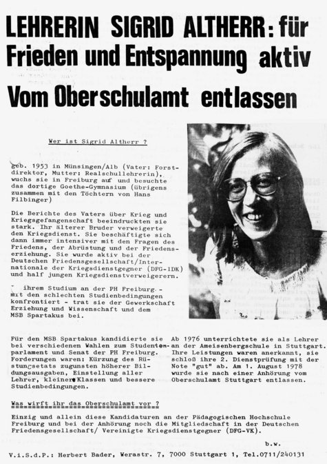 Flugblatt für die betroffene Lehrerin Sigrid Altherr, 1979. Quelle: Institut für Sozialforschung Hamburg, AO I.2 Fälle Lehrer A