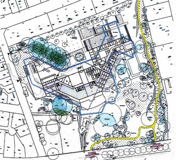 Das Büdingen-Areal. Unten die Seestraße, in Gelb der Weg, um den es geht. Lageplan: Stadt Konstanz