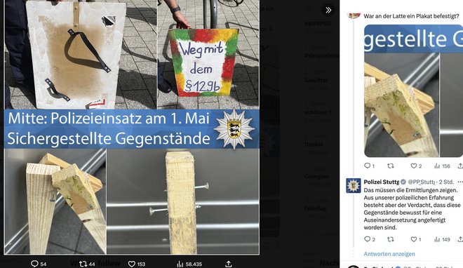 Nach dem Einsatz am 1. Mai 2024 präsentiert die Stuttgarter Polizei sichergestellte Gegenstände. Screenshot: X