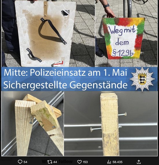 Die Polizei präsentiert sichergestellte Gegenstände. Was aus dem fehlenden Stiel des Demo-Plakats wurde, kann sie aktuell nicht beantworten. Screenshot: X
