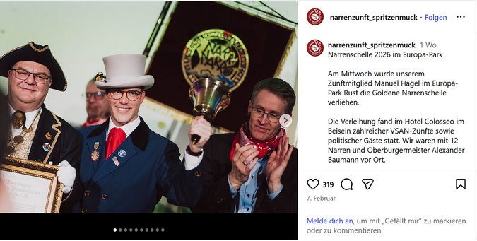 Die Narrenzunft "Spritzenmuck" ist stolz: ihr "Manu" mit der Goldenen Schelle, rechts daneben Laudator und Ministerpräsident Daniel Günther. Screenshot: Instagram