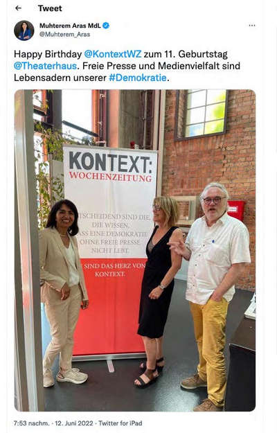 Grüße von Landtagspräsidentin Muhterem Aras (links), hier mit Susanne Stiefel und Josef-Otto Freudenreich. Screenshot: Twitter Grüße von Landtagspräsidentin Muhterem Aras (links), hier mit Susanne Stiefel und Josef-Otto Freudenreich. Screenshot: Twitter