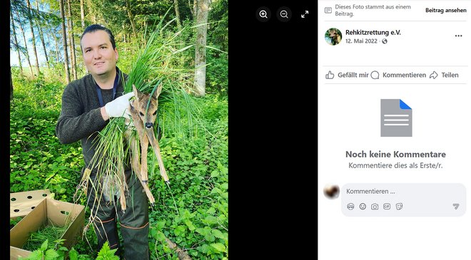 Udo Stein auf der Facebook-Seite "Rehkitzrettung e.V.". Screenshot: Facebook
