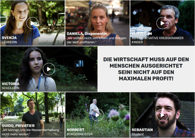 Slogan "Die Wirtschaft muss auf den Menschen ausgerichtet sein! Nicht auf den maximalen Profit!