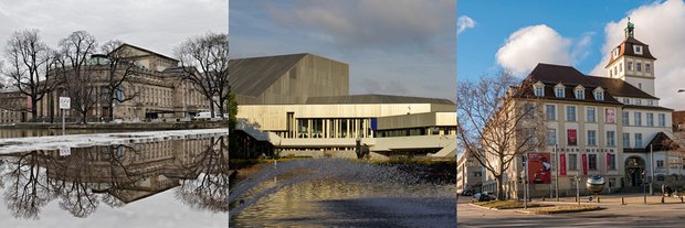 Müssen saniert werden (von links): Oper Stuttgart, Badisches Staatstheater, Lindenmuseum. Fotos: Joachim E. Röttgers und Rainer Lück (Mitte)