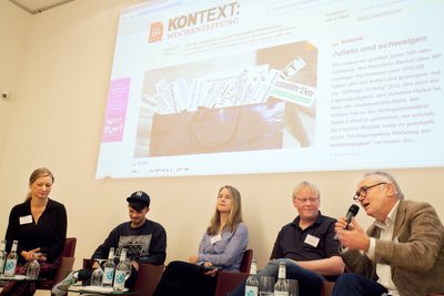 Josef-Otto Freudenreich (rechts außen) vertritt Kontext in Berlin. Foto: Franziska Senkel