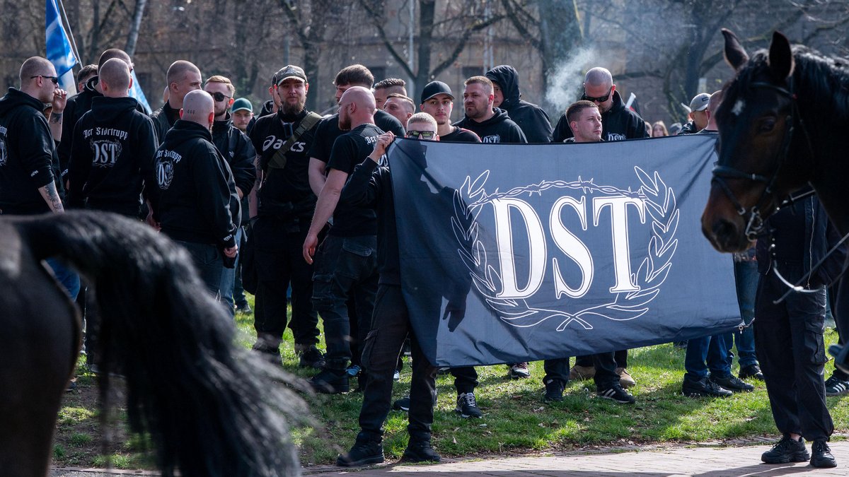 Die offen rechtsextremistische Gruppe DST ("Der Störtrupp") bei der Demo "Gemeinsam für Deutschland", März 2025, Stuttgart. Foto: Jens Volle