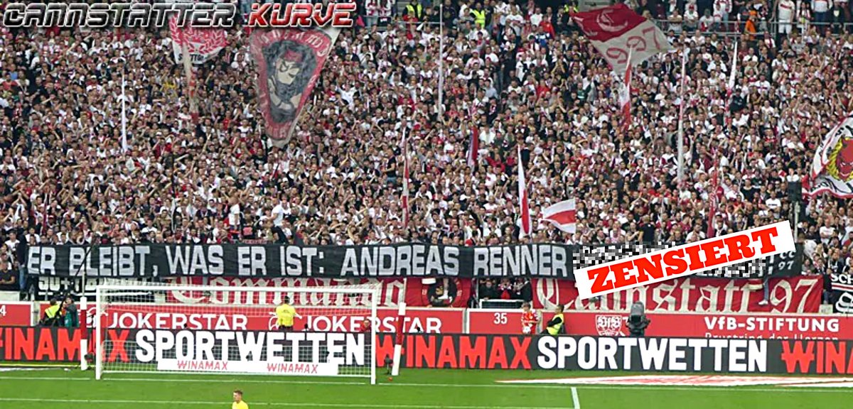 Sage jemand, Fußballfans seien unpolitisch: nicht das "Commando Cannstatt 1997", das beim Heimspiel gegen Wolfsburg (7.10.) mit einem Renner-Banner aufgezogen ist – samt Koppel-Wort. Der Fotograf war einverstanden, dass es für die Veröffentlichung in Sage jemand, Fußballfans seien unpolitisch: nicht das "Commando Cannstatt 1997", das beim Heimspiel gegen Wolfsburg (7.10.) mit einem Renner-Banner aufgezogen ist – samt Koppel-Wort. Der Fotograf war einverstanden, dass es für die Veröffentlichung in Kontext zensiert werden musste. Foto: cannstatter-kurve.de, Schwärzung: Kontext