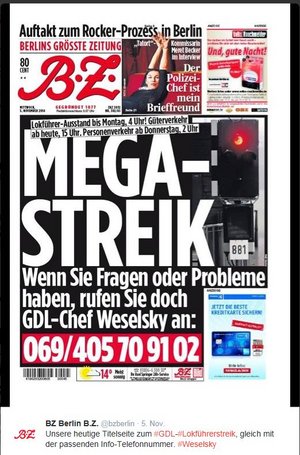 Titelseite der B. Z. vom 5. November 2014. Screenshot: www.twitter.com