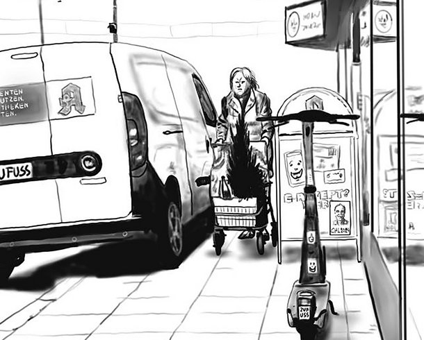 Transporter und Werbetafel im Weg. Und schon wieder ein Scooter.