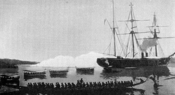 Die deutsche Korvette SMS Olga zeigt den Einwohnern von Bonabéri, was diejenigen zu erwarten haben, die sich nicht ihrem "Schutz" unterwerfen. Foto: AutorIn unbekannt, gemeinfrei, <a href="https://commons.wikimedia.org/w/index.php?curid=45245697">Link</a Die deutsche Korvette SMS Olga zeigt den Einwohnern von Bonabéri, was diejenigen zu erwarten haben, die sich nicht ihrem "Schutz" unterwerfen. Foto: AutorIn unbekannt, gemeinfrei, <a href="https://commons.wikimedia.org/w/index.php?curid=45245697">Link</a>
