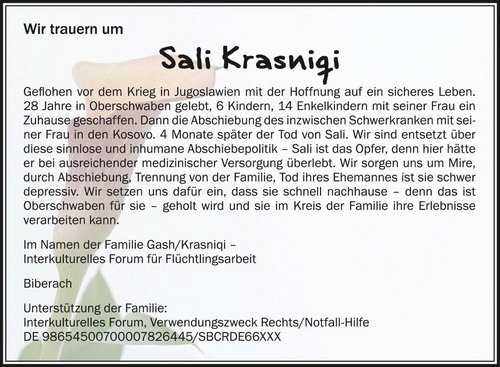 "Entsetzt über sinnlose und inhumane Abschiebepolitik": Das Interkulturelle Forum hat eine Todesanzeige geschaltet. Foto: privat