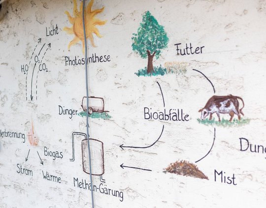 Biogas im Kreislauf, auf der Hauswand für Groß und Klein erklärt.