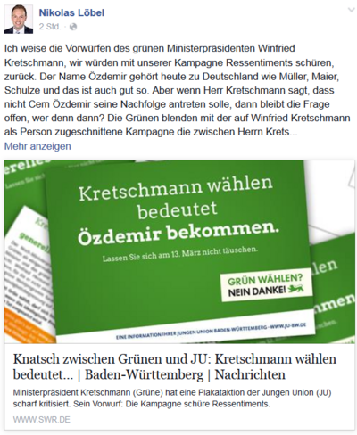 Nicolas Löbel findet nicht, dass er Ressentiments schürt. Das tut er auch auf seiner Facebookseite kund. Screenshot