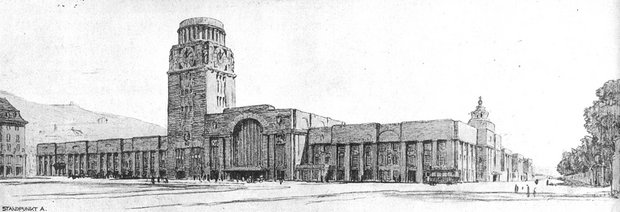 Noch mit Tambour auf dem Turm: Wettbewerbsentwurf, 1911. Illustrationen dem Buch entnommen.