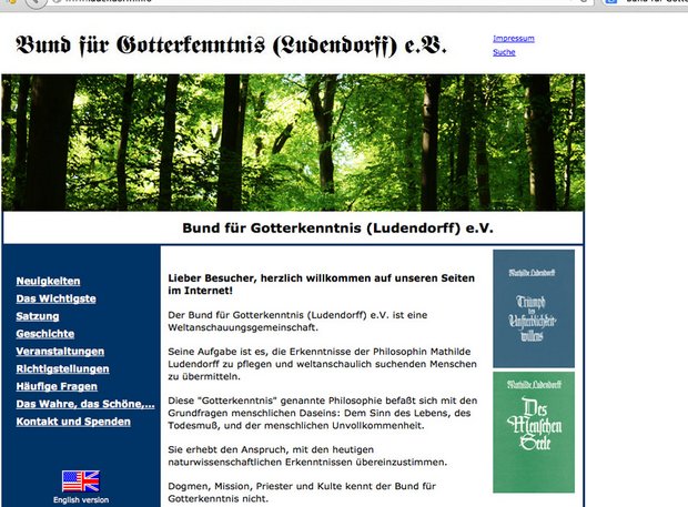 Verschwörungstheorien und braune Esoterik. Die Homepage des "Bund für Gotterkenntnis". Screenshot