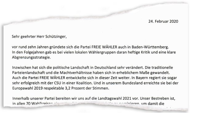 Wer genau dieser Schützinger ist, wussten die Absender angeblich nicht. Für den ganzen Brief aufs Bild klicken. Grafik: Jens Volle