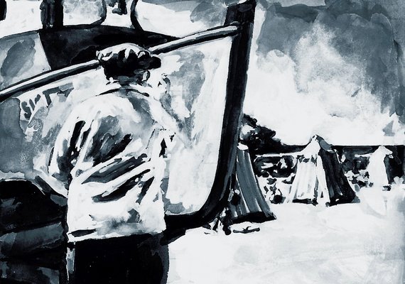 Schwarz-Weiß-Aquarell eines Filmstandbilds. Fotos: "édition totale éclipse" Schwarz-Weiß-Aquarell eines Filmstandbilds. Fotos: "édition totale éclipse"