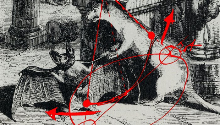 Alexander Kluge, Wiesel mit Fledermaus. Zeichnung von Grandville, Druck auf Holz, 2020