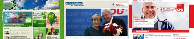 Selbst auf der Grünen-Homepage wird Kretschmann verschwiegen. Andere Landesverbände sind stolz auf ihre MPs: Volker Bouffier (CDU), Torsten Albig (SPD). Screenshot: Die Grünen, CDU, SPD