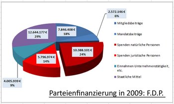 Geldquellen der FDP im Wahljahr 2009: Jeden 4. Euro steuerten Spender bei.