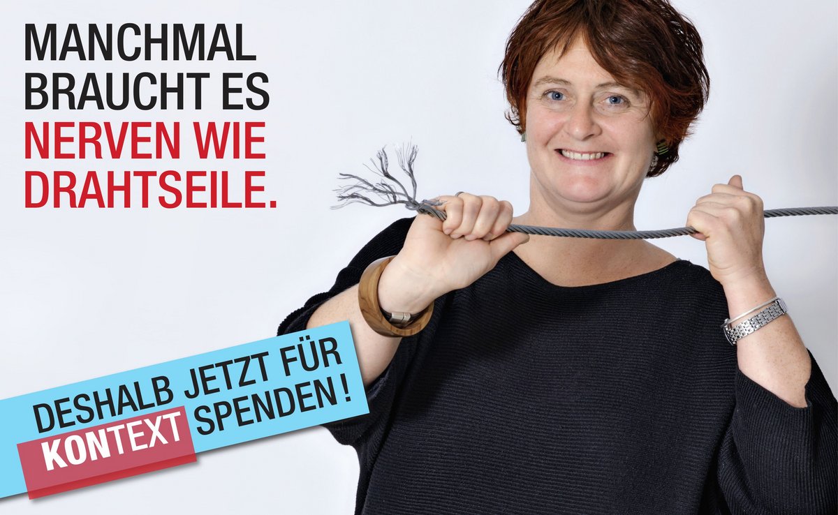 Kontext-Chefredakteurin Anna Hunger beim Drahtseilstrapazieren. Foto: Joachim E. Röttgers, Grafik: Susanne Wais 
