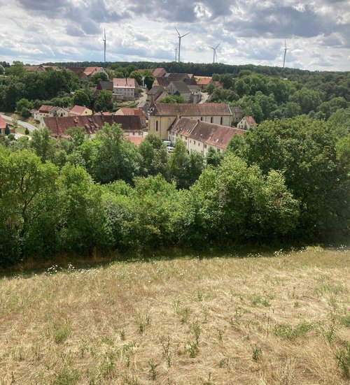 Blick vom geplanten Hallenstandort auf Kloster und Ort Frauental. Foto: Gunter Haug