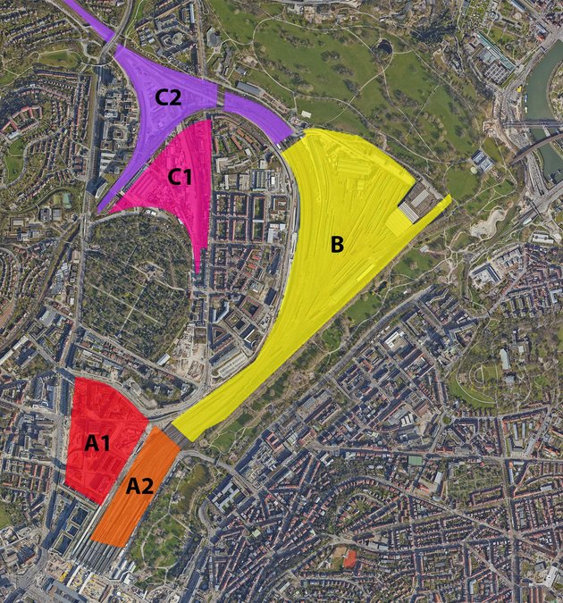 Auf der S-21-Teilfläche B soll das Rosensteinquartier entstehen, fürs unmittelbare Gleisvorfeld (Fläche A2) gibt's noch keine konkreten Pläne. Luftbild: Stadt Stuttgart, Stadtmessungsamt, Grafik: Kontext