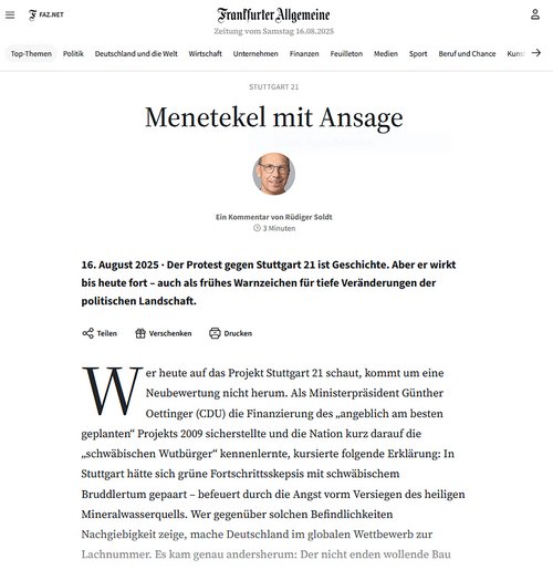 FAZ-Leitartikel und S-21-Verriss. Screenshot: FAZ.net