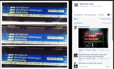 "Verhaltensgestörte" in der S-Bahn – ein Hinweis zwischen Lob und Tadel. Screenshot: Facebook, Wasen Free Youth