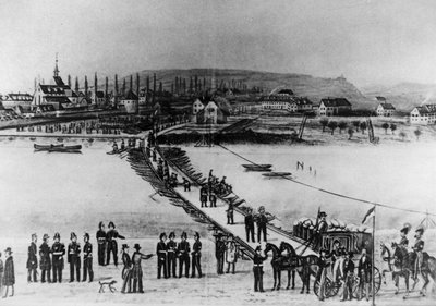 Ruckzuck aufgebaut: Dufourbrücke von 1857. Zeichnung: unbekannt/Wikimedia