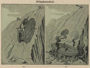 "Sisyphusarbeit" (11. 10. 1918): Durchhalte-Propaganda kurz vor Kriegsende. Bild: Universitätsbibliothek Heidelberg