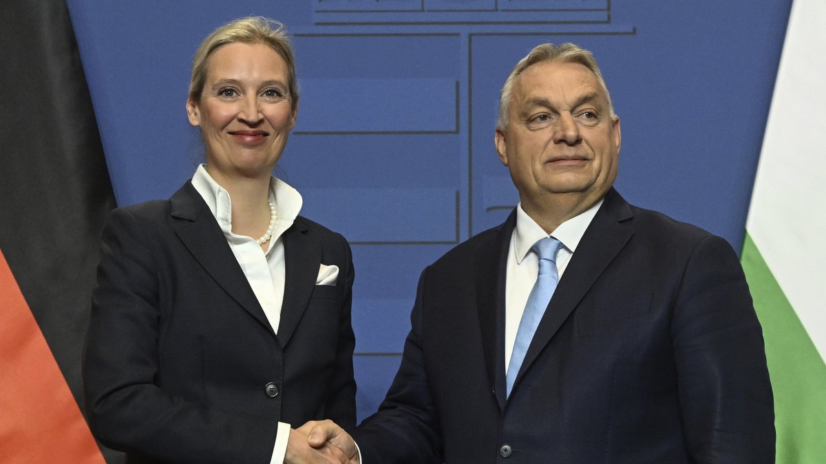 AfD-Sprecherin Alice Weidel und Ungarns Ministerpräsident Viktor Orbán, Februar 2025 in Budapest. Foto: Szilard Koszticsak, dpa/picture-alliance