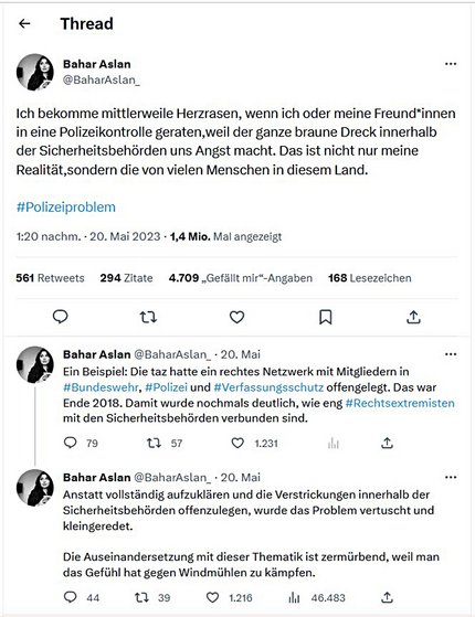 Bahar Aslans Tweet: 1,4 Millionen Aufrufe in zehn Tagen. Screenshot: Twitter