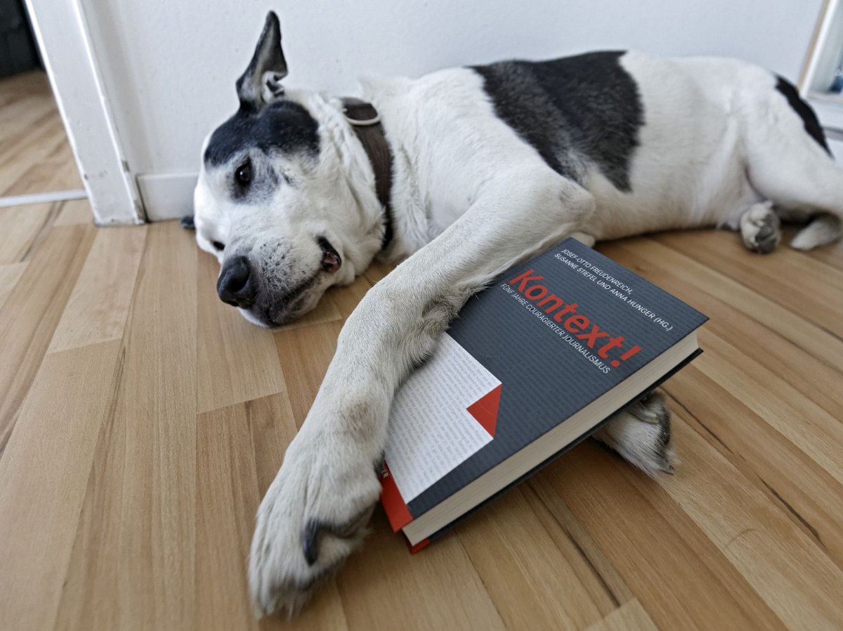 Dürfen wir vorstellen: Das Jubiläumsbuch, präsentiert von Ike, dem ehemaligen Redaktionshund. Foto: Joachim E. Röttgers