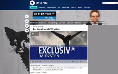 Exklusiv und hoch umstritten: Die "Report Mainz"-Sendung zur Windkraft. Screenshot ARD