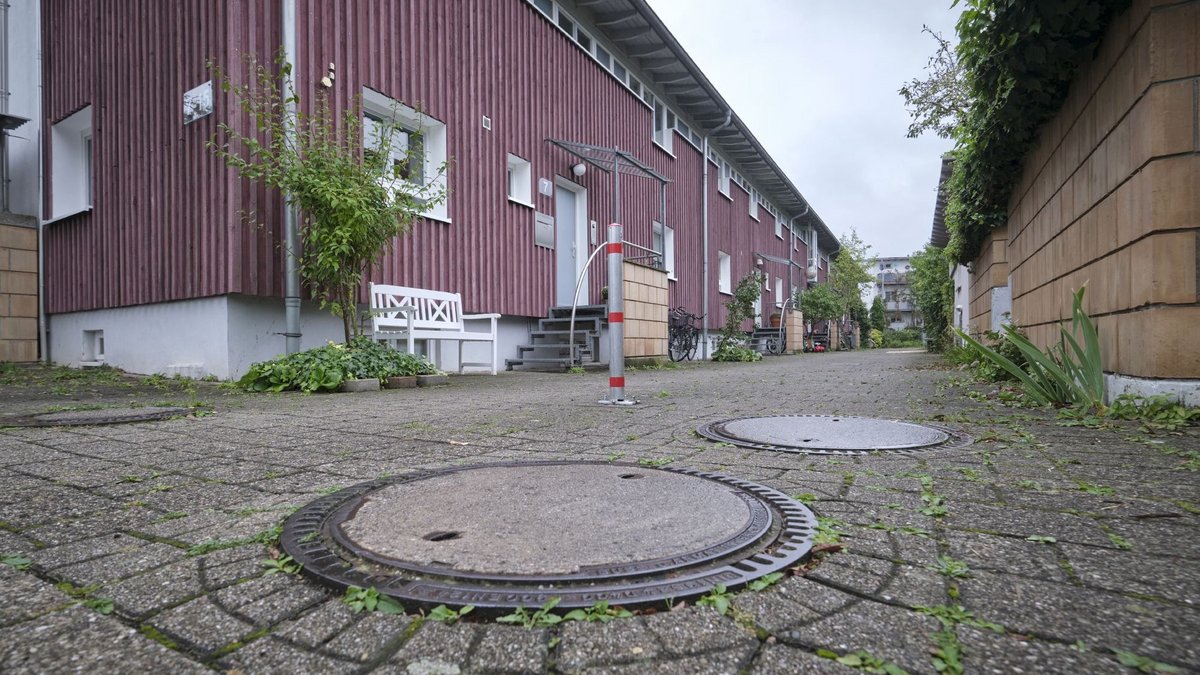 Schön grün die Öko-Siedlung Geroldsäcker. Zeichen nachhaltigen Wassermanagements: Zisternen- statt Gullideckel.