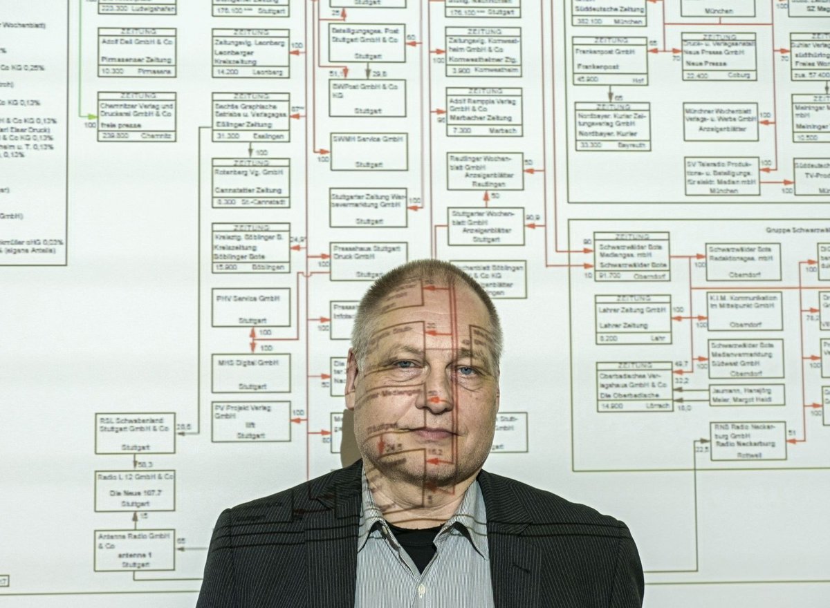 Das Firmengeflecht der SWMH, projiziert auf Verdi-Mann Siegfried Heim. Fotos: Joachim E. Röttgers Das Firmengeflecht der SWMH, projiziert auf Verdi-Mann Siegfried Heim. Fotos: Joachim E. Röttgers