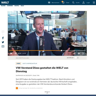 Schwarzer Dienstag: Wirtschaftsboss ist einen Tag lang "Welt"-Vize, und die Zeitung feiert das als gute Tradition. Screenshot: www.welt.de