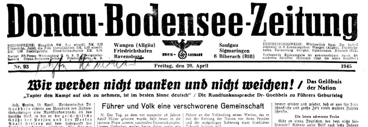 20.4.1945: Die letzte Ausgabe der Donau-Bodensee-Zeitung. 20.4.1945: Die letzte Ausgabe der Donau-Bodensee-Zeitung.