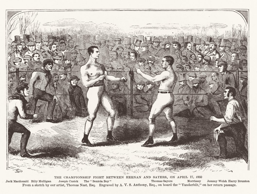 Sportjournalismus 1860: "Der Meisterschaftskampf zwischen Heenan und Sayers" von Thomas Nast, erschienen in den "New York Illustrated News". Mehr Bilder mit Klick auf den Pfeil.