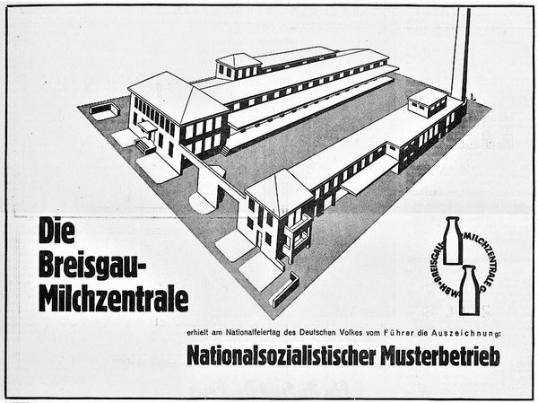 Am 7. Mai 1939 warb die Breisgau-Milchzentrale im NS-Blatt "Der Alemanne" erstmals mit ihrer Auszeichnung als "nationalsozialistischer Musterbetrieb". Darauf die Skizze des 1936 an der Haslacherstraße erbauten Betriebsgeländes. Foto: Universitätsbiblio Am 7. Mai 1939 warb die Breisgau-Milchzentrale im NS-Blatt "Der Alemanne" erstmals mit ihrer Auszeichnung als "nationalsozialistischer Musterbetrieb". Darauf die Skizze des 1936 an der Haslacherstraße erbauten Betriebsgeländes. Foto: Universitätsbibliothek Freiburg