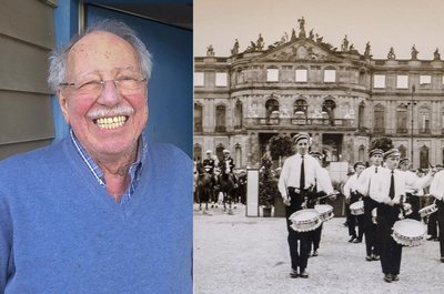 Eckart Schlotke heute (links) und 1955 (zentral) mit dem Ravensburger Trommelkorps vor dem Stuttgarter Neuen Schloss.