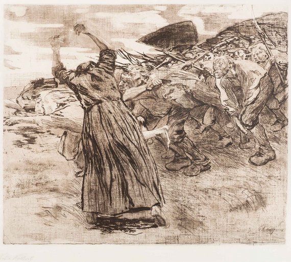 Käthe Kollwitz: Losbruch, Zyklus Bauernkrieg, 1902, Deutsches Bauernkriegsmuseum Böblingen. Foto: Marc Holzner, Stuttgart