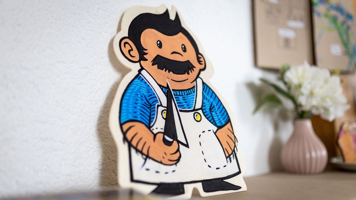 Comicfigur mit Messer. Die Gabeln ...