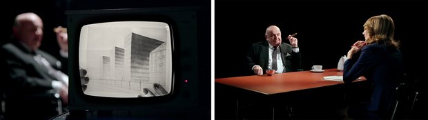 Fingiertes Interview mit Ludwig Mies van der Rohe, Teil der Ausstellung "Weissenhof City". Filmstills: Dani Gal