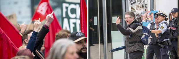 Protest gegen AfD-Veranstaltung in Stuttgart-Vaihingen (links) und Protest gegen den Protest (rechts). Fotos: Joachim E. Röttgers