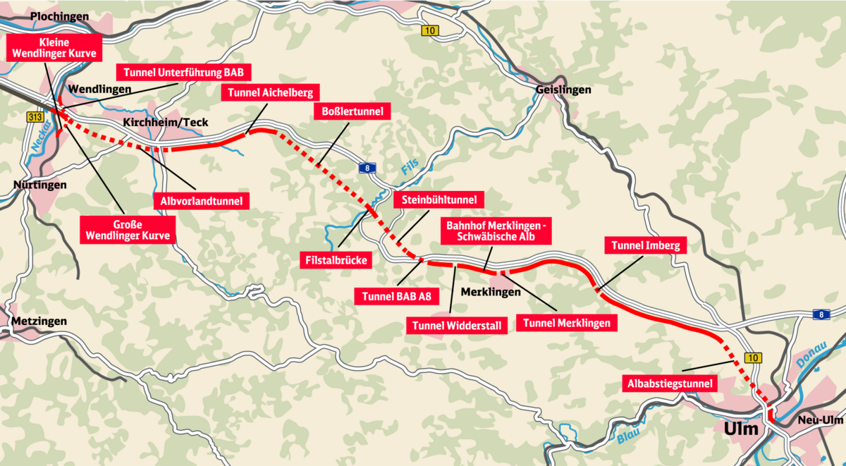 Die ganze Strecke. Grafik: Stoeffler, <a href="https://commons.wikimedia.org/wiki/File:Neubaustrecke_Wendlingen_Ulm.png" title=" Original auf Wikimedia Commons" target="_blank">Wikimedia Commons, <a href="https://creativecommons.org/licenses/by-sa/3.0/deed.en" title="Attribution-ShareAlike 3.0 Unported" target="_blank">CC BY-SA 3.0</a>