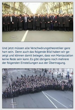 Bildausschnitte transportieren ebenfalls Wahrheiten und Lügen. Hier der Marsch der Politiker in Paris. Die Staatschefs waren nicht die Spitze der Demonstration, sondern liefen in einer Nebenstraße. Screenshot 